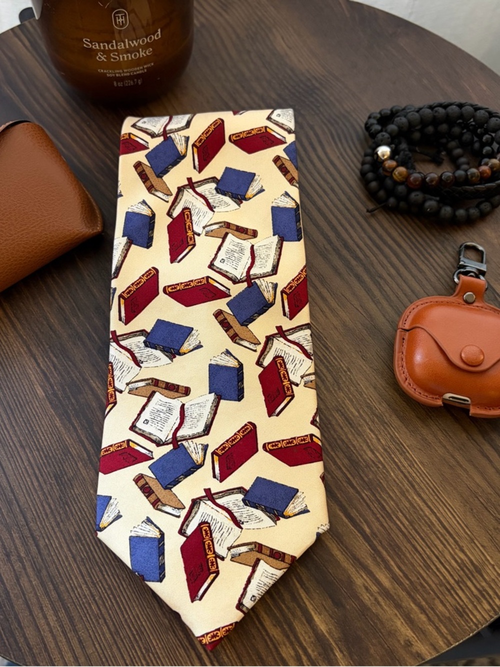 Vintage Crown Books Falling Books Silk Tie - Cream/Tan